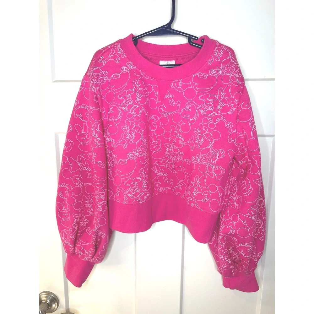Disney Minnie Mickey Mouse Pink Cropped Sweatshirt Girls Size‎ 11/12 Puff Sleeve